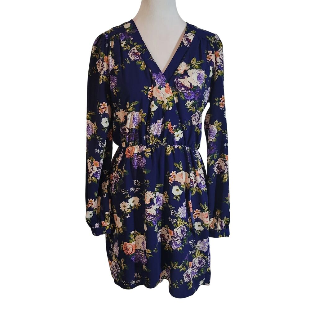 Lulu's Size M That's a Wrap Navy Blue Floral Print Dress Honey Punch Feminine